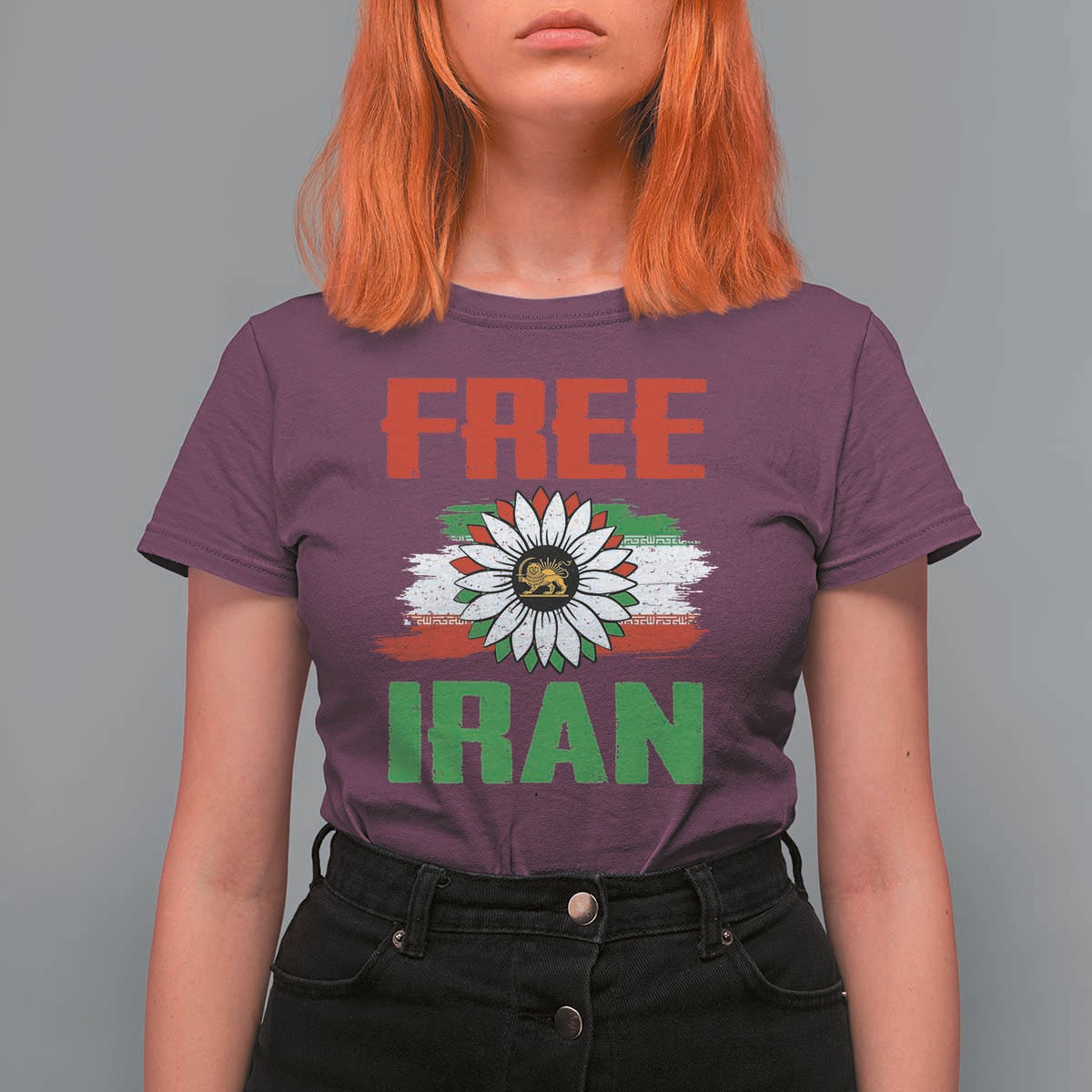 Free Iran Sunflower T Shirt For Women Persian Flag Lion and Su Iranian Revolution Freedom Supporters