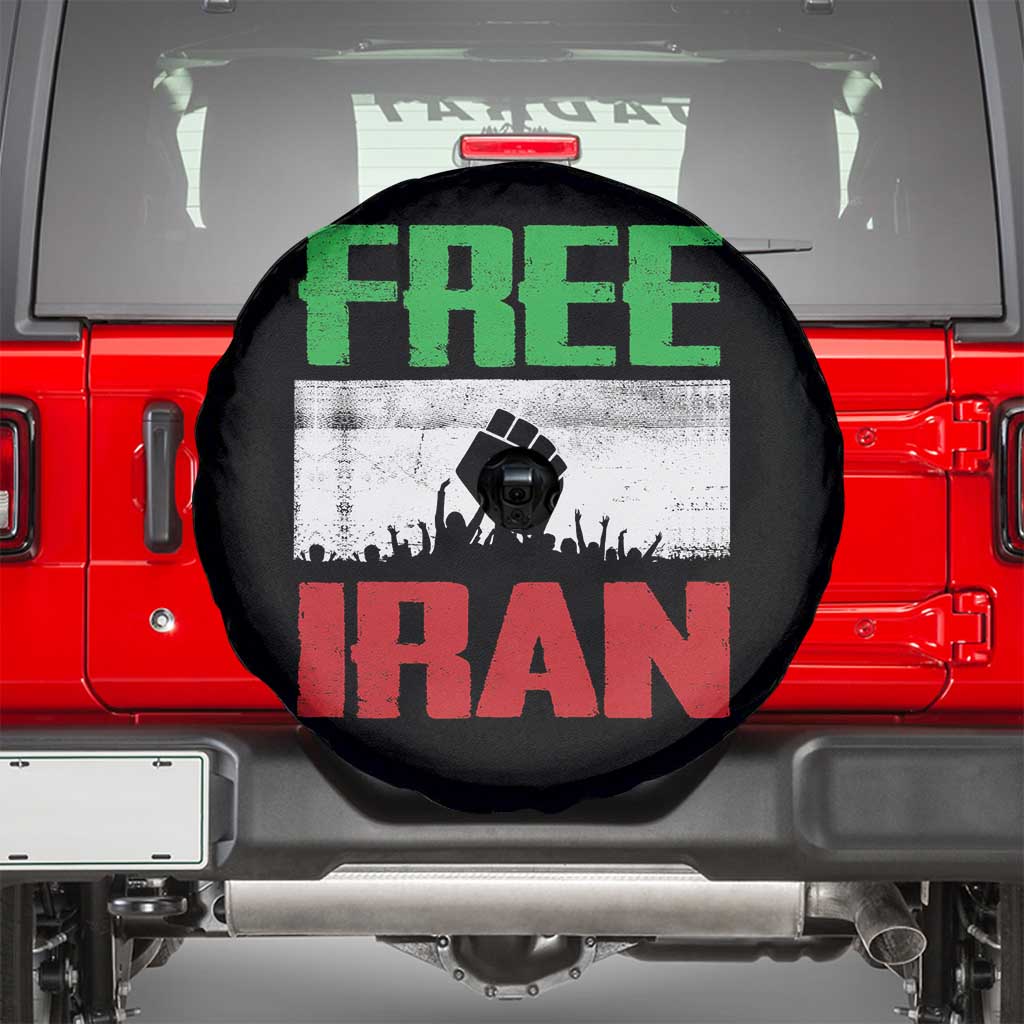 Free Iran Freedom Protest Spare Tire Cover Iranian Flag Raised Fist and Crowd Revolution