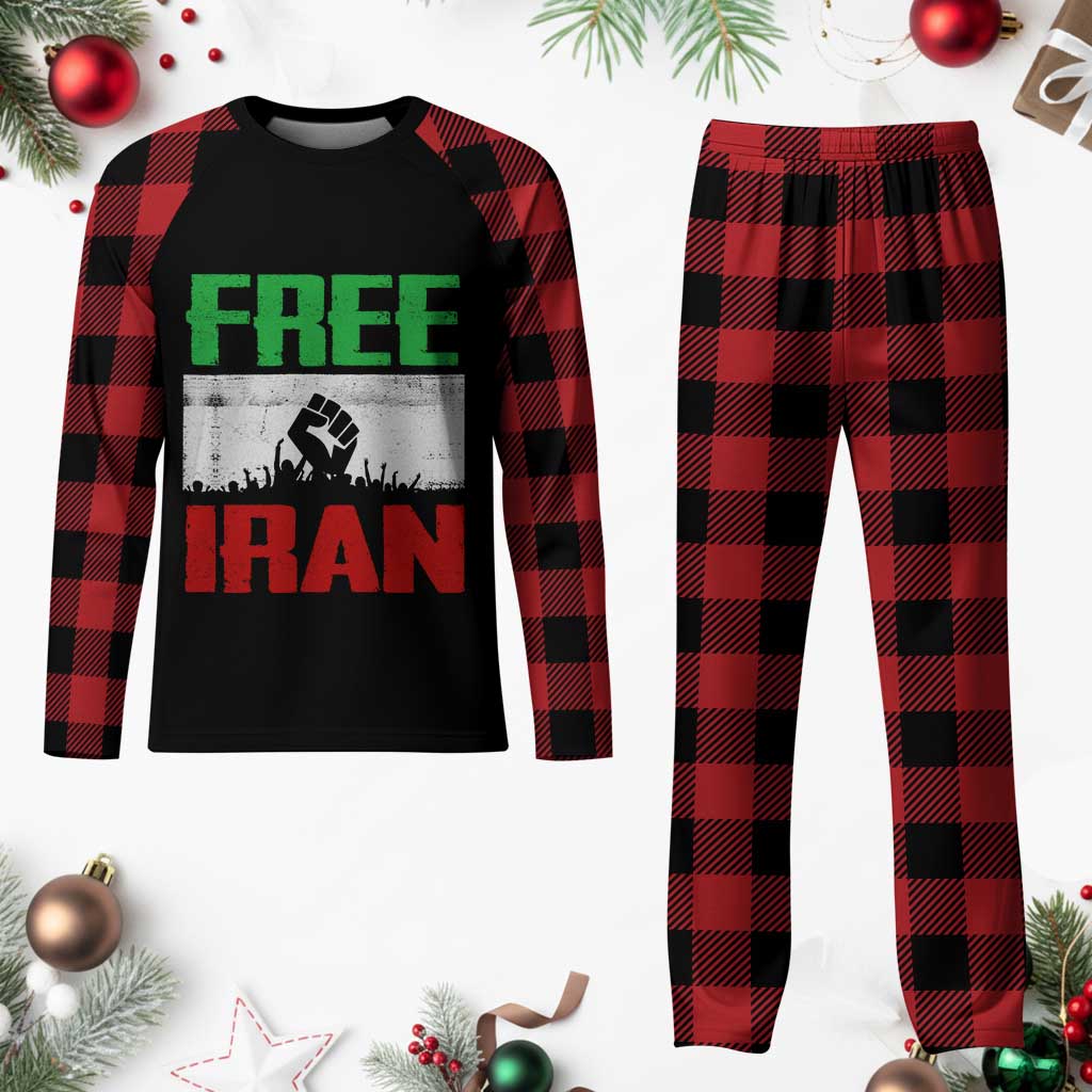 Free Iran Freedom Protest Plaid Pajama Set Iranian Flag Raised Fist and Crowd Revolution