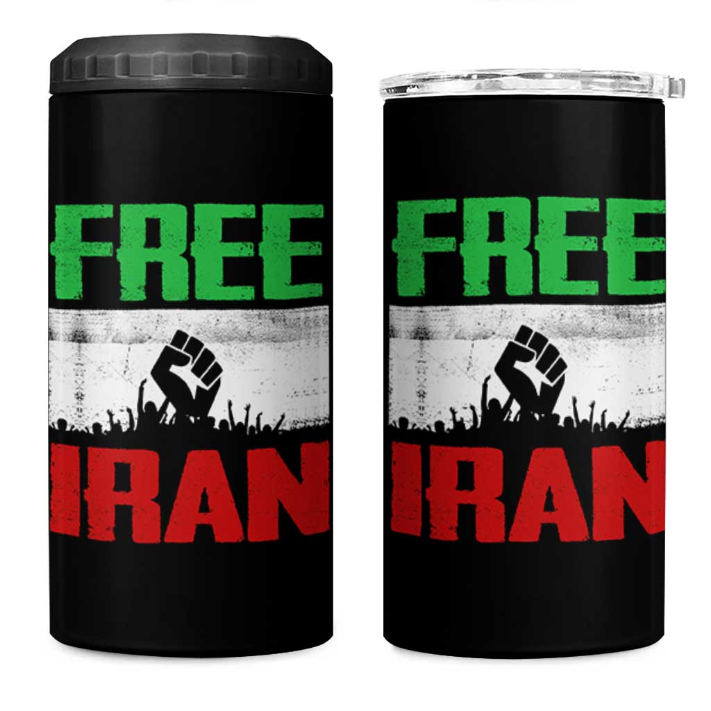 Free Iran Freedom Protest 4 in 1 Can Cooler Tumbler Iranian Flag Raised Fist and Crowd Revolution