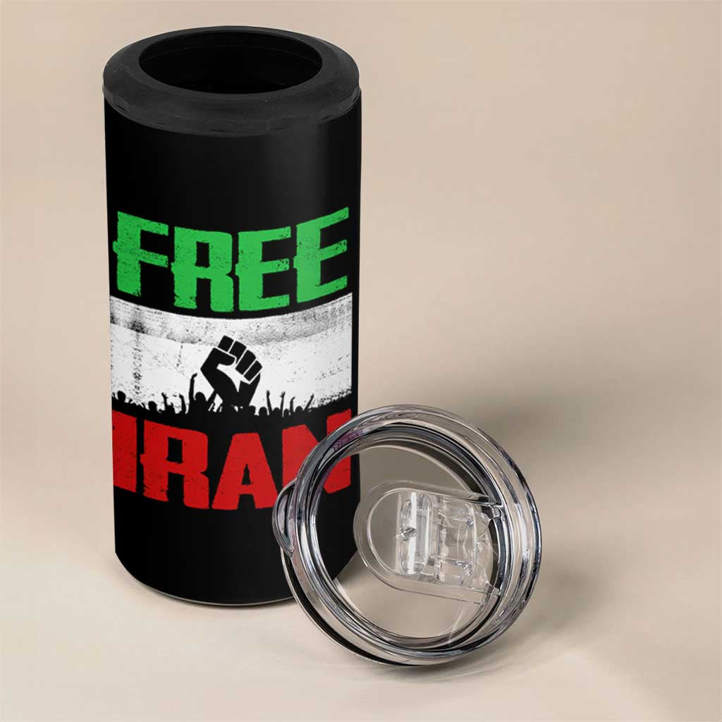 Free Iran Freedom Protest 4 in 1 Can Cooler Tumbler Iranian Flag Raised Fist and Crowd Revolution