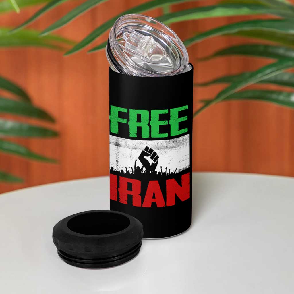 Free Iran Freedom Protest 4 in 1 Can Cooler Tumbler Iranian Flag Raised Fist and Crowd Revolution