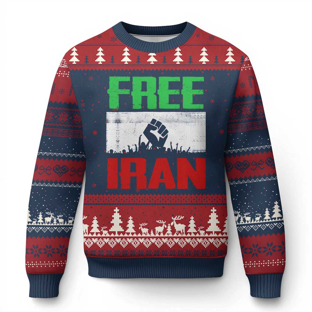 Free Iran Freedom Protest Ugly Christmas Sweater Iranian Flag Raised Fist and Crowd Revolution
