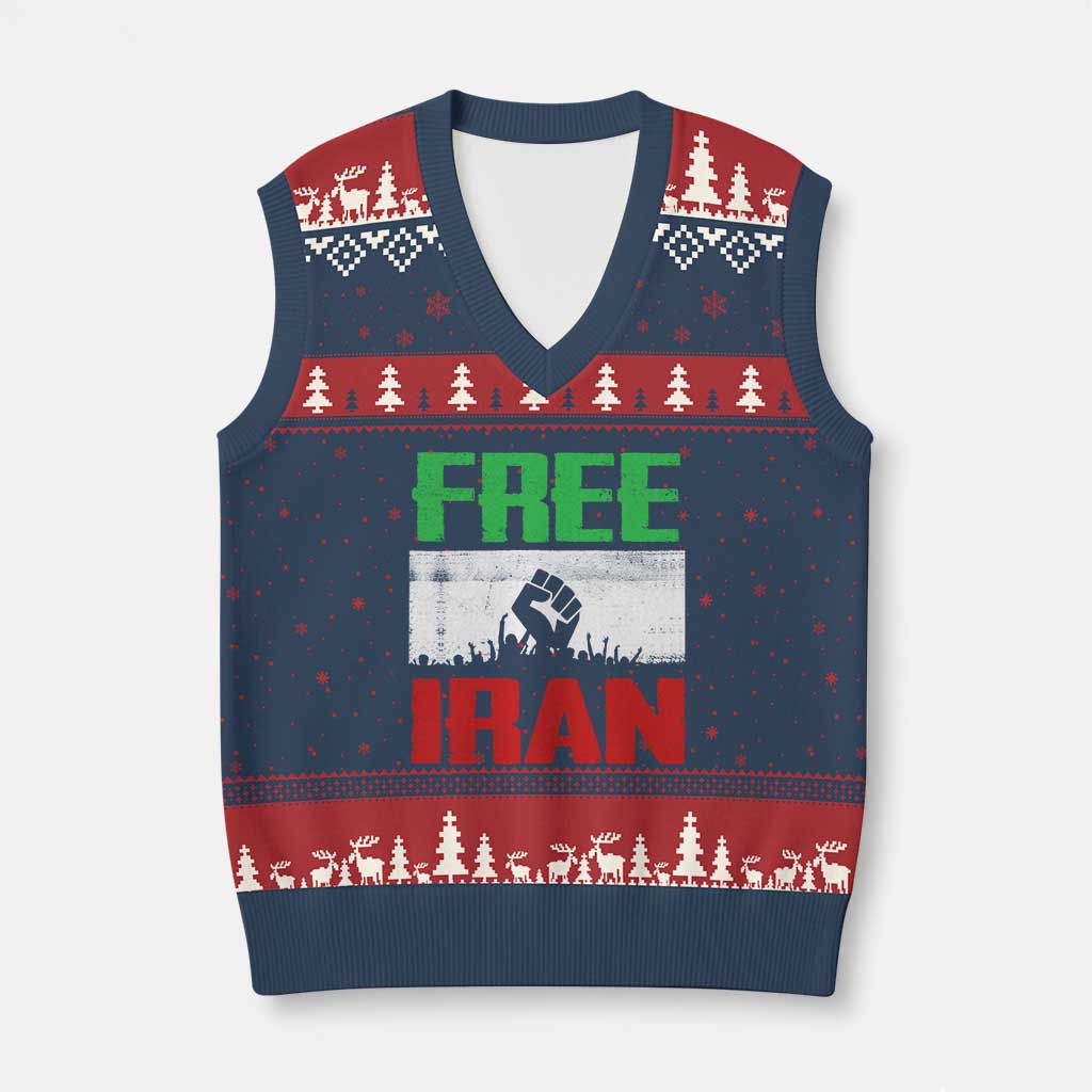 Free Iran Freedom Protest V-Neck Knit Sweater Vest Iranian Flag Raised Fist and Crowd Revolution