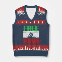 Free Iran Freedom Protest V-Neck Knit Sweater Vest Iranian Flag Raised Fist and Crowd Revolution