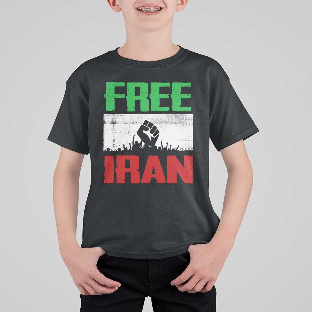 Free Iran Freedom Protest T Shirt For Kid Iranian Flag Raised Fist and Crowd Revolution