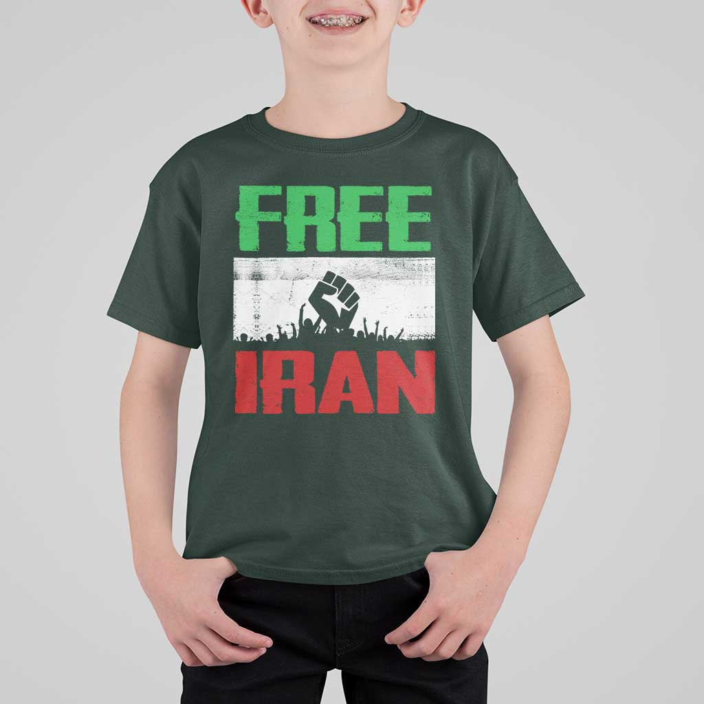 Free Iran Freedom Protest T Shirt For Kid Iranian Flag Raised Fist and Crowd Revolution