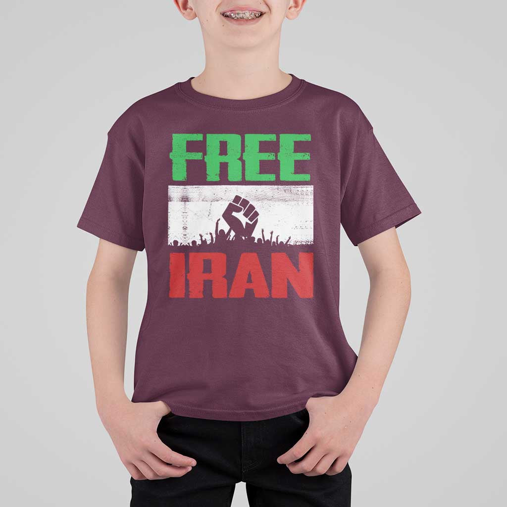 Free Iran Freedom Protest T Shirt For Kid Iranian Flag Raised Fist and Crowd Revolution