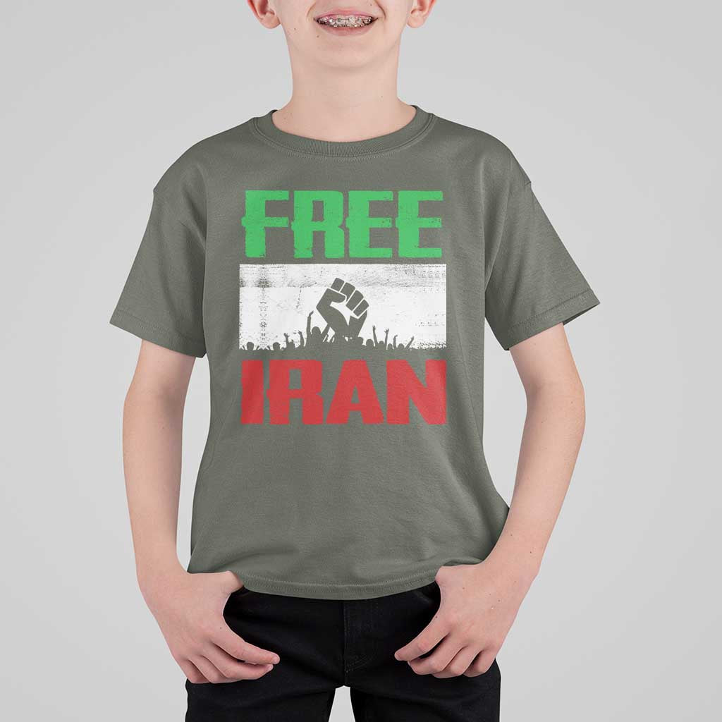 Free Iran Freedom Protest T Shirt For Kid Iranian Flag Raised Fist and Crowd Revolution