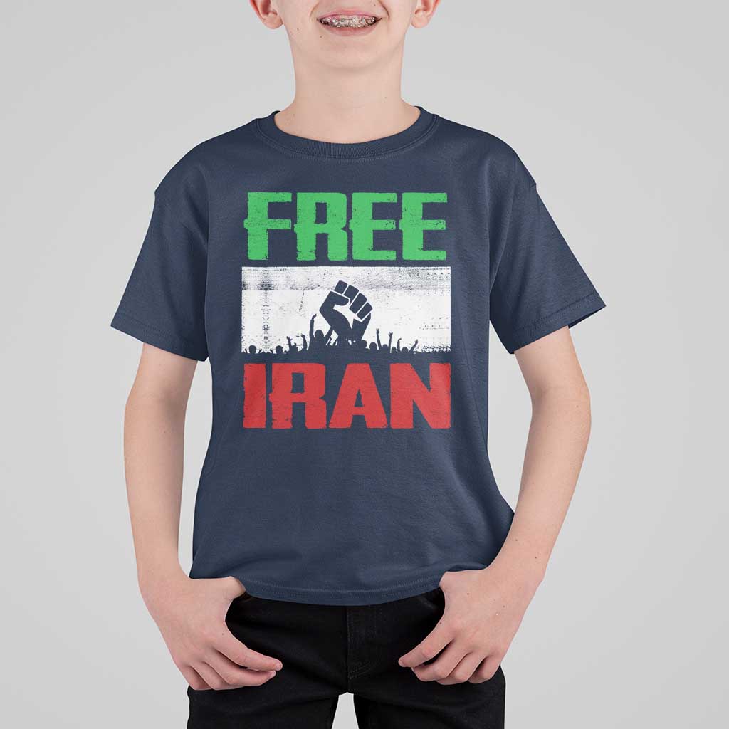 Free Iran Freedom Protest T Shirt For Kid Iranian Flag Raised Fist and Crowd Revolution