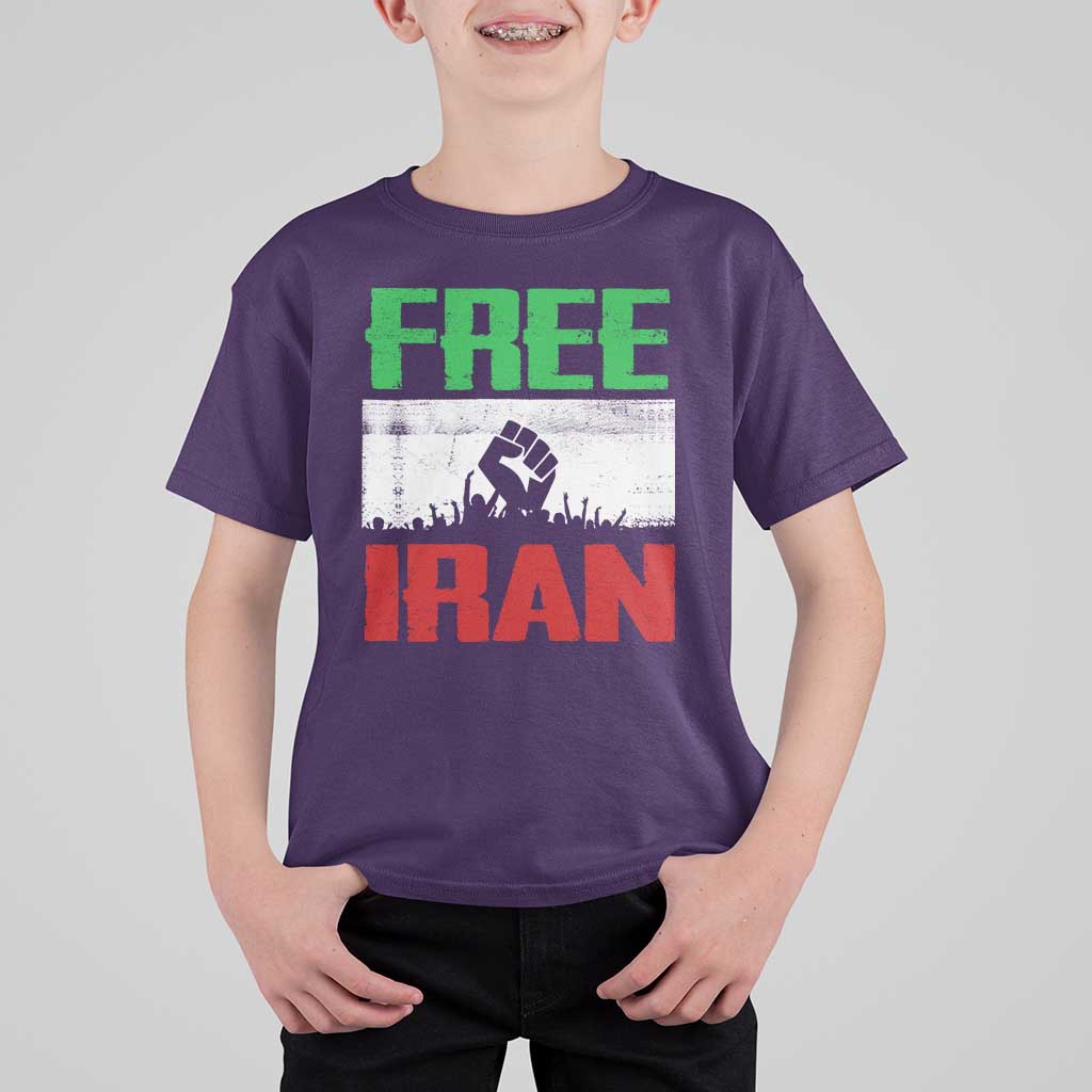 Free Iran Freedom Protest T Shirt For Kid Iranian Flag Raised Fist and Crowd Revolution