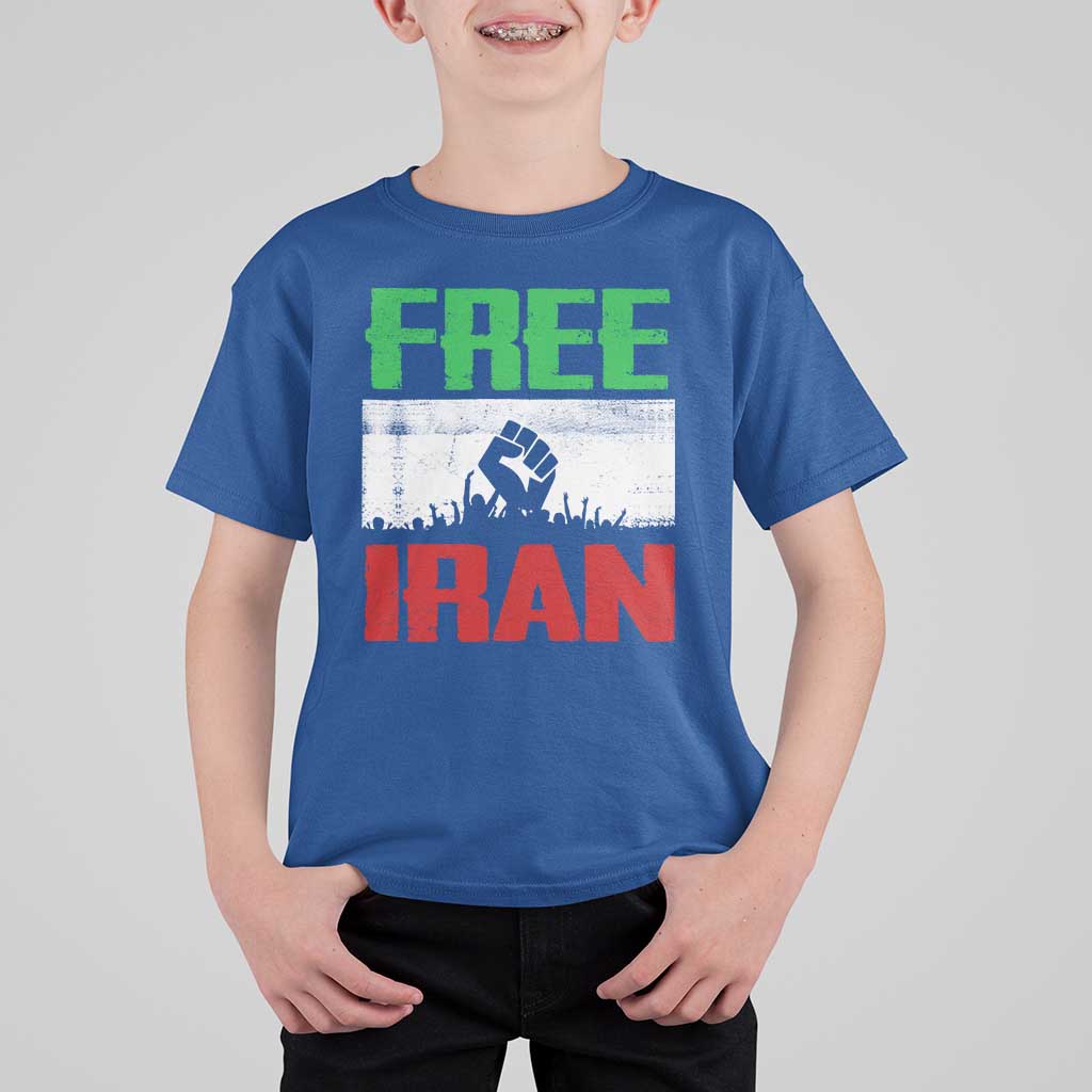 Free Iran Freedom Protest T Shirt For Kid Iranian Flag Raised Fist and Crowd Revolution