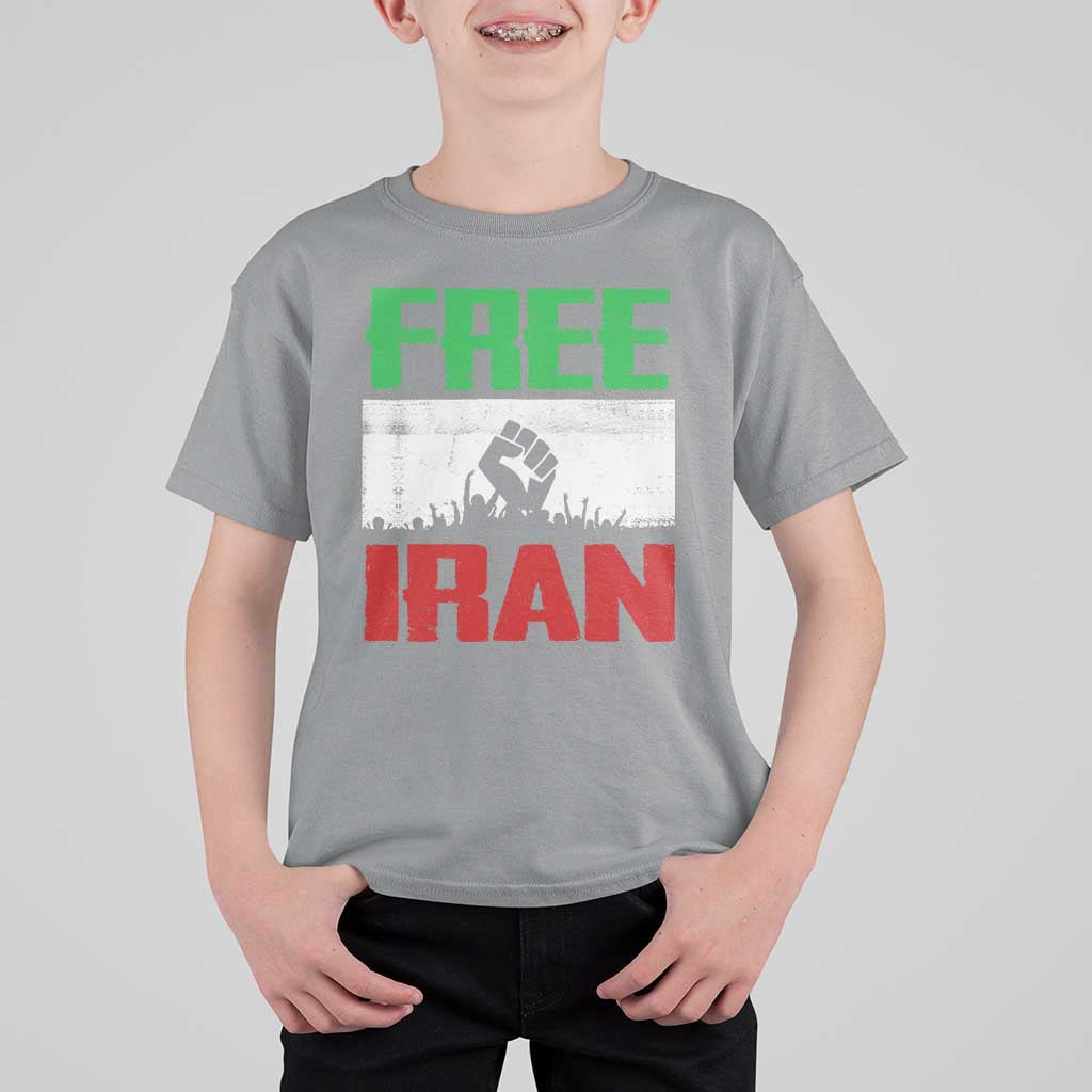 Free Iran Freedom Protest T Shirt For Kid Iranian Flag Raised Fist and Crowd Revolution