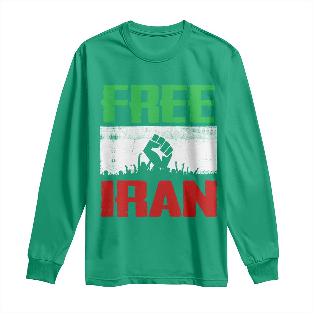 Free Iran Freedom Protest Long Sleeve Shirt Iranian Flag Raised Fist and Crowd Revolution