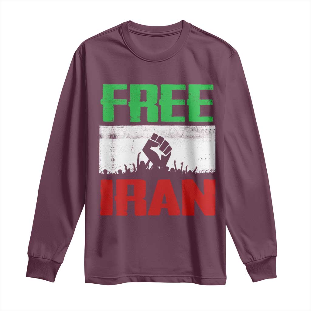 Free Iran Freedom Protest Long Sleeve Shirt Iranian Flag Raised Fist and Crowd Revolution