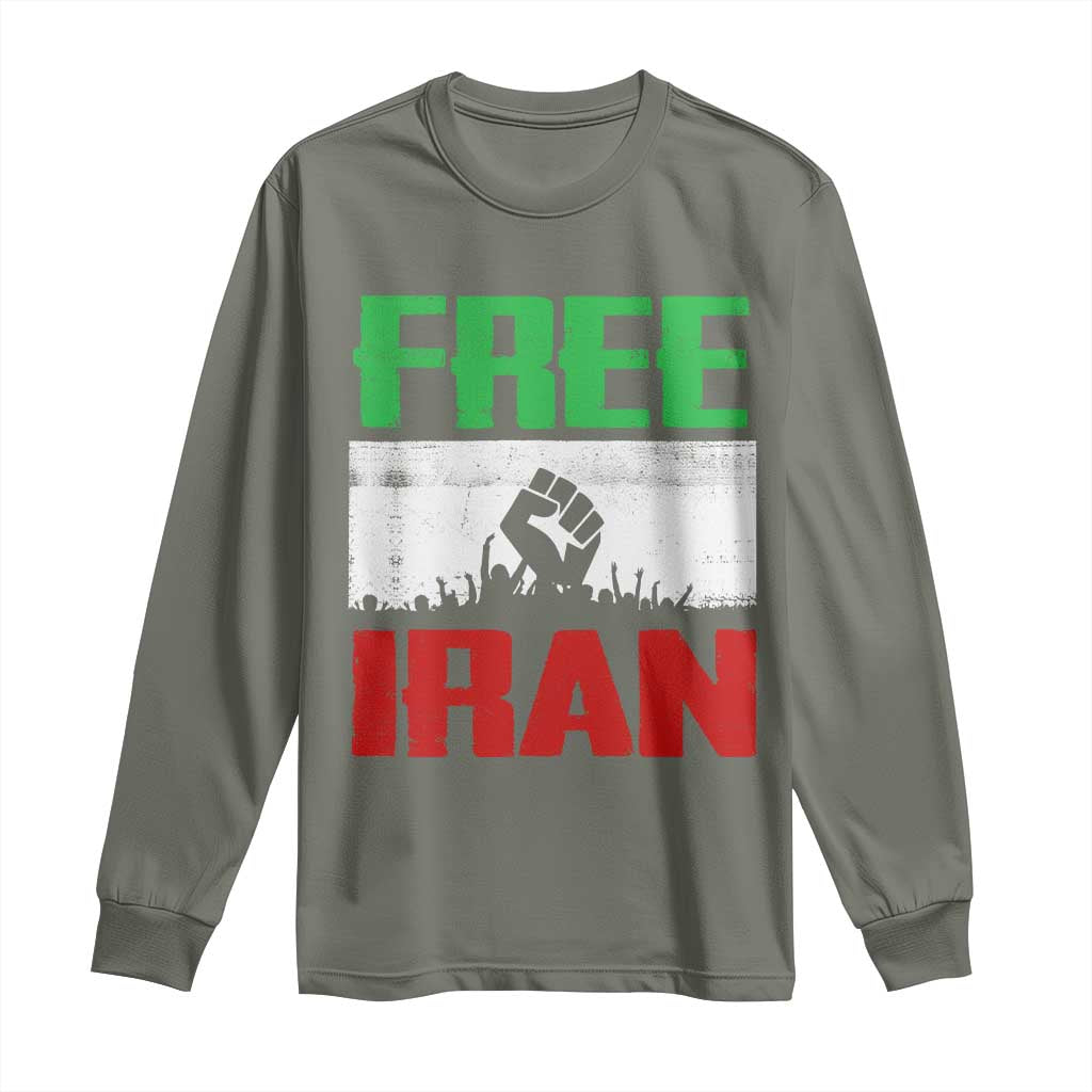 Free Iran Freedom Protest Long Sleeve Shirt Iranian Flag Raised Fist and Crowd Revolution