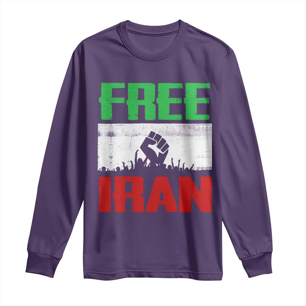 Free Iran Freedom Protest Long Sleeve Shirt Iranian Flag Raised Fist and Crowd Revolution