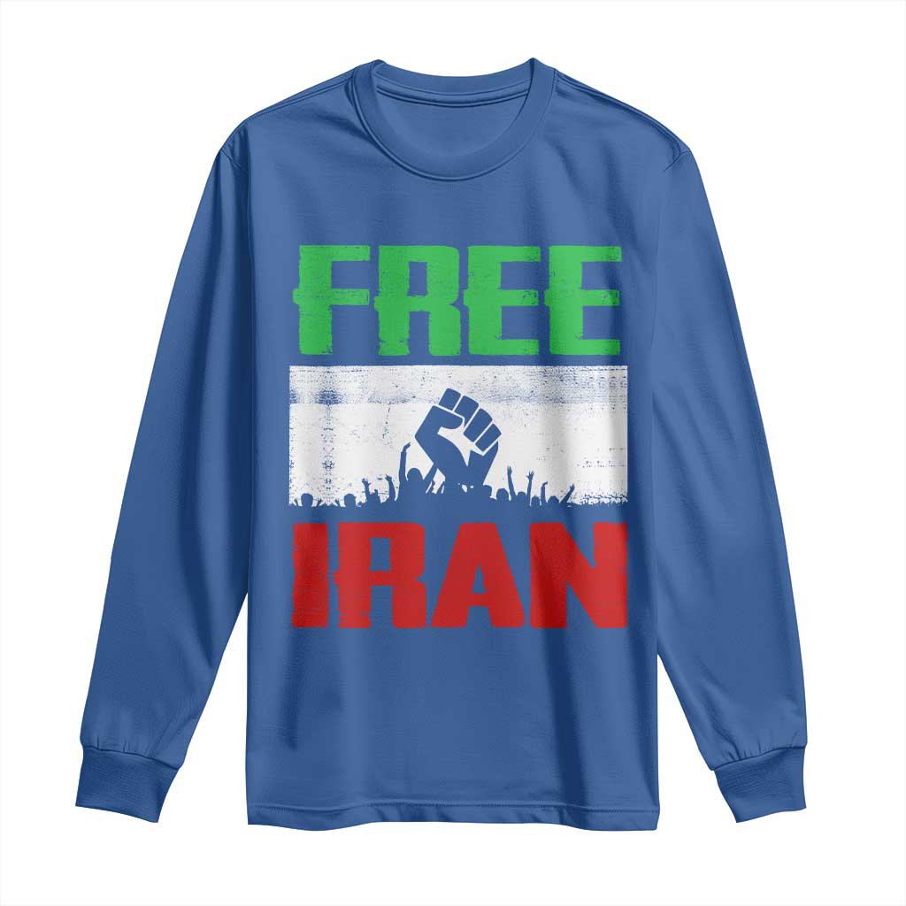 Free Iran Freedom Protest Long Sleeve Shirt Iranian Flag Raised Fist and Crowd Revolution