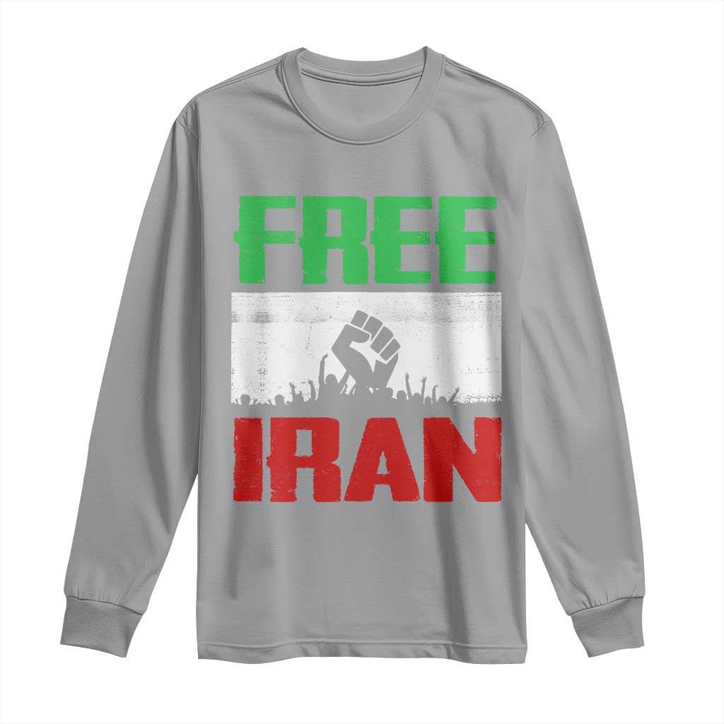 Free Iran Freedom Protest Long Sleeve Shirt Iranian Flag Raised Fist and Crowd Revolution