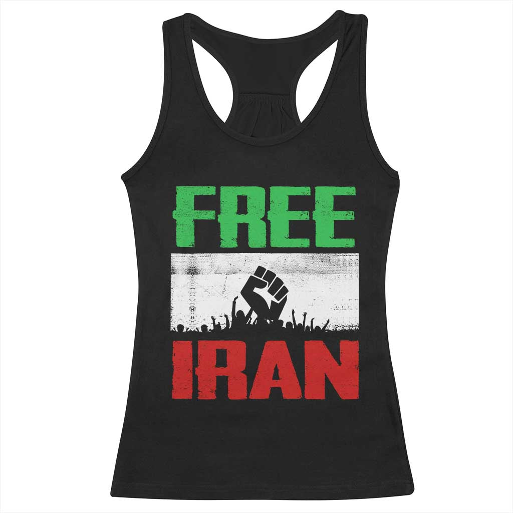 Free Iran Freedom Protest Racerback Tank Top Iranian Flag Raised Fist and Crowd Revolution