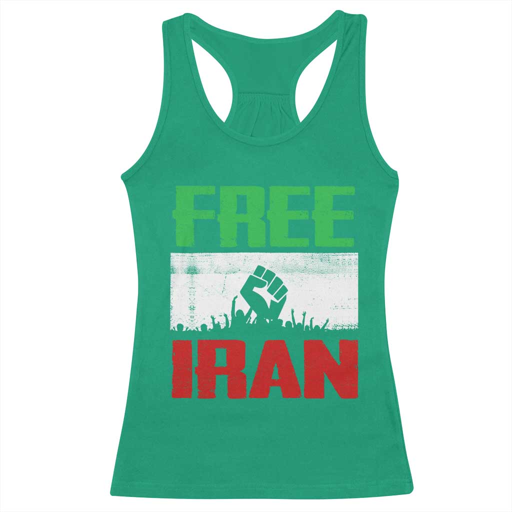 Free Iran Freedom Protest Racerback Tank Top Iranian Flag Raised Fist and Crowd Revolution