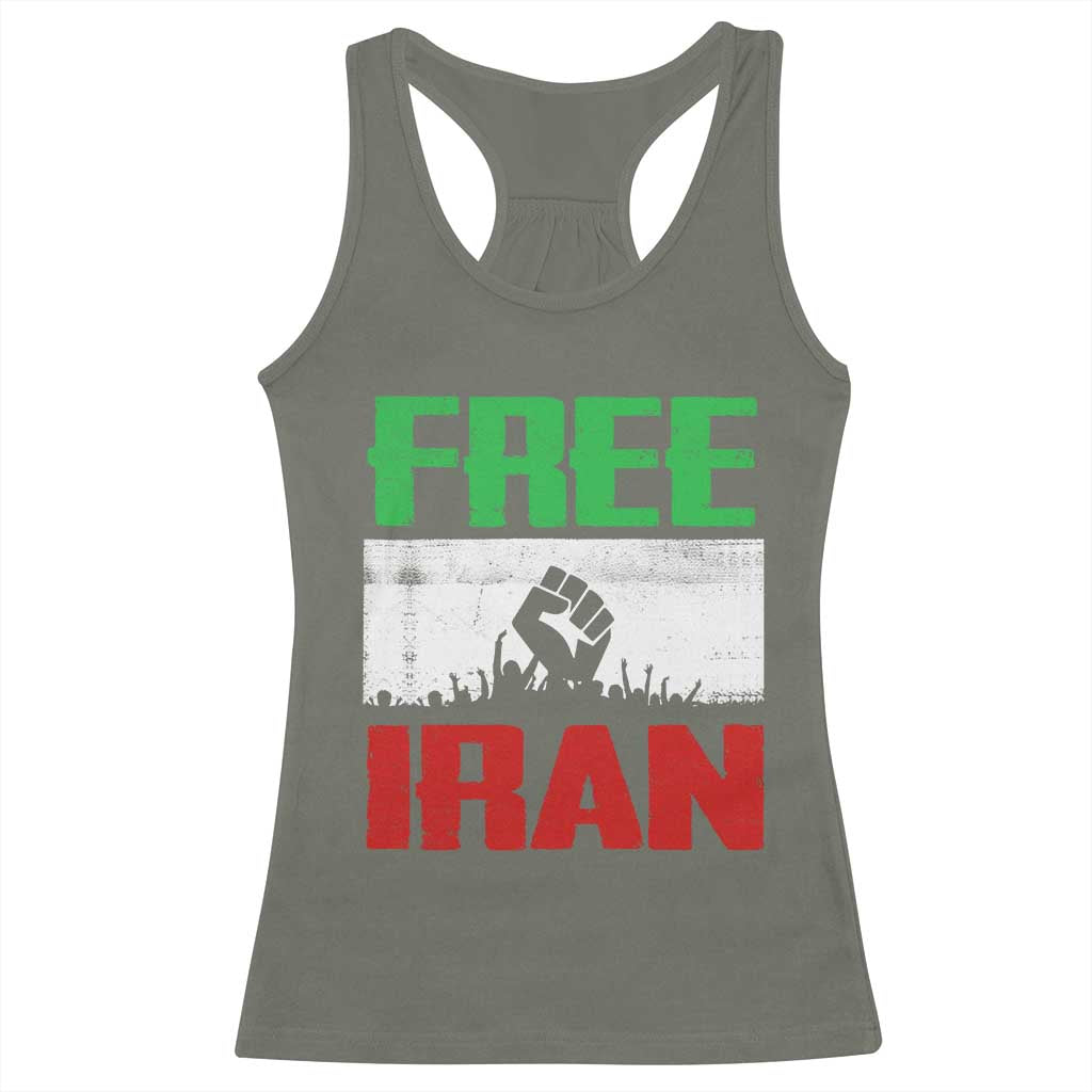 Free Iran Freedom Protest Racerback Tank Top Iranian Flag Raised Fist and Crowd Revolution