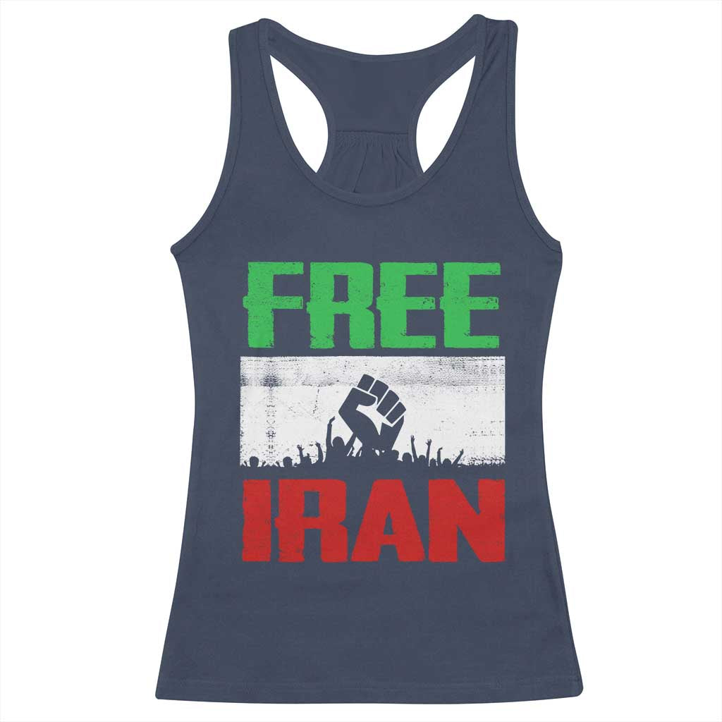 Free Iran Freedom Protest Racerback Tank Top Iranian Flag Raised Fist and Crowd Revolution