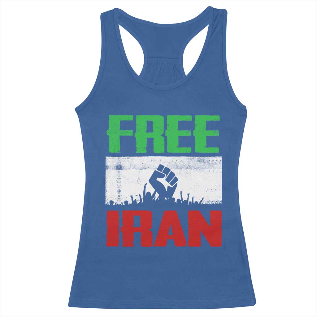 Free Iran Freedom Protest Racerback Tank Top Iranian Flag Raised Fist and Crowd Revolution