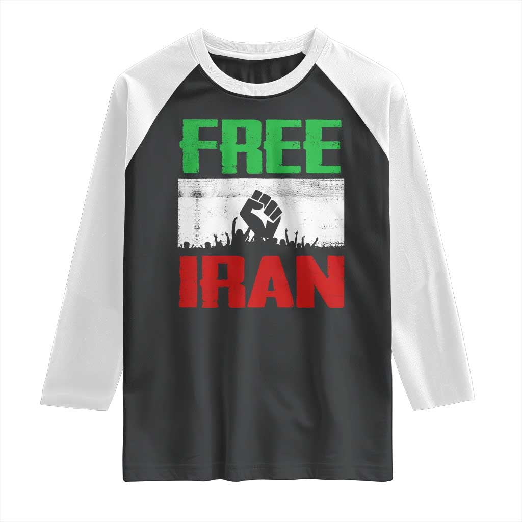 Free Iran Freedom Protest Raglan Shirt Iranian Flag Raised Fist and Crowd Revolution