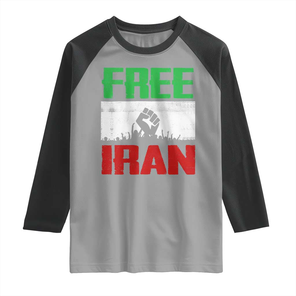 Free Iran Freedom Protest Raglan Shirt Iranian Flag Raised Fist and Crowd Revolution