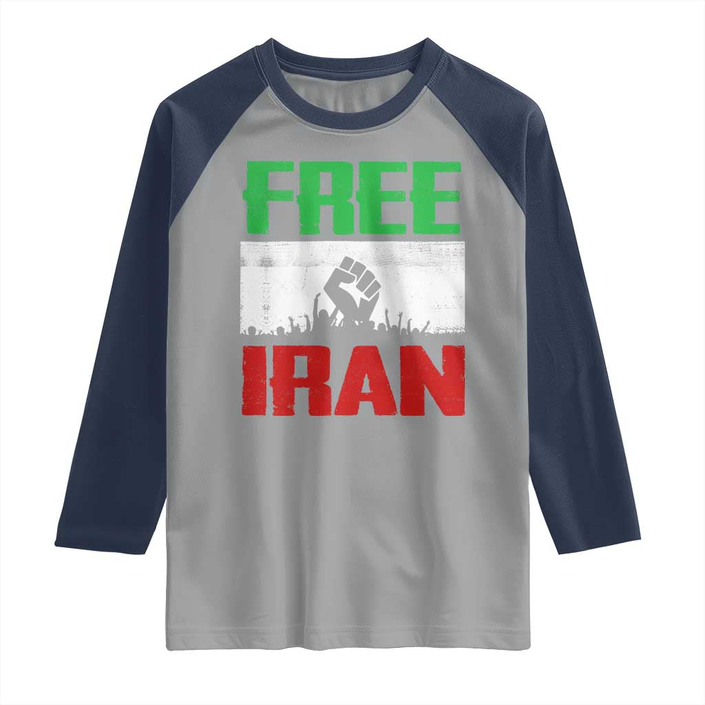 Free Iran Freedom Protest Raglan Shirt Iranian Flag Raised Fist and Crowd Revolution
