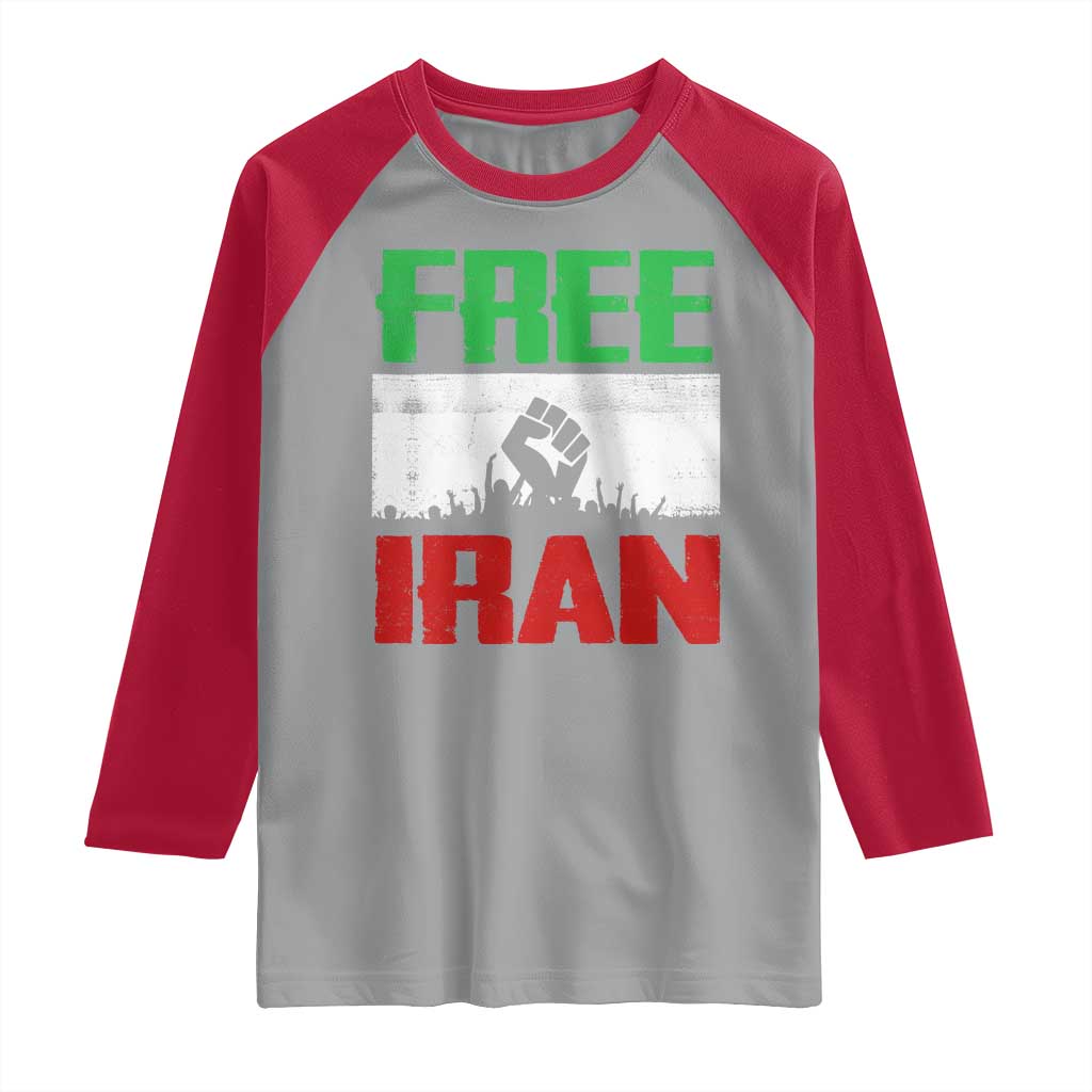 Free Iran Freedom Protest Raglan Shirt Iranian Flag Raised Fist and Crowd Revolution