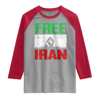 Free Iran Freedom Protest Raglan Shirt Iranian Flag Raised Fist and Crowd Revolution