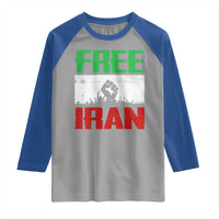 Free Iran Freedom Protest Raglan Shirt Iranian Flag Raised Fist and Crowd Revolution
