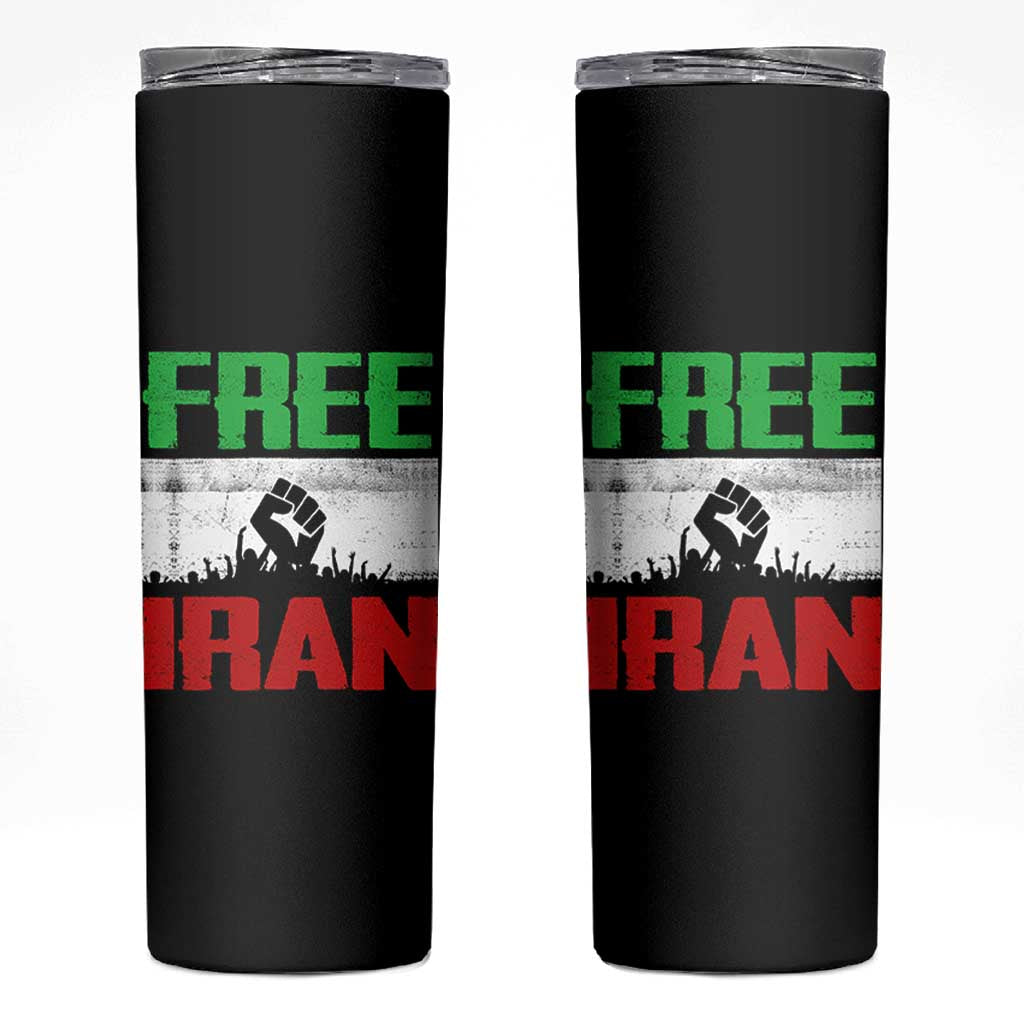 Free Iran Freedom Protest Skinny Tumbler Iranian Flag Raised Fist and Crowd Revolution