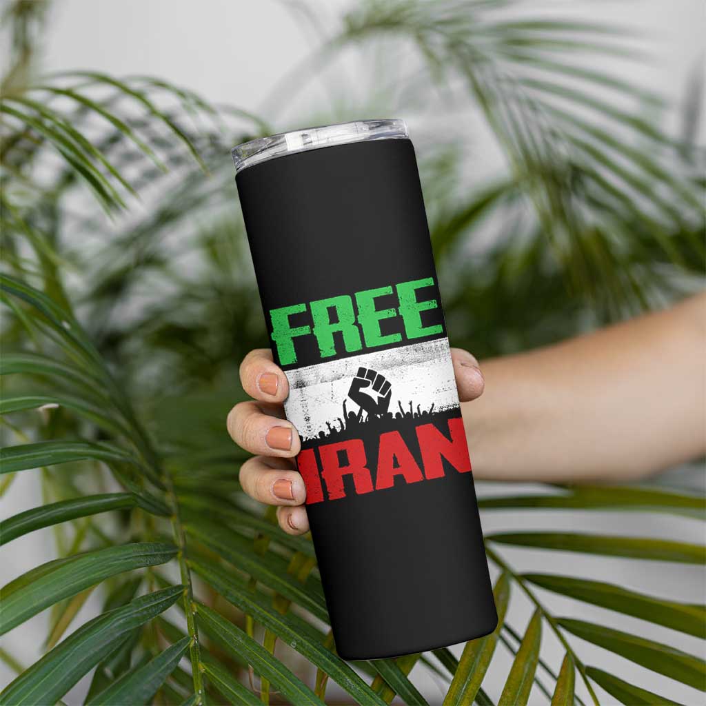 Free Iran Freedom Protest Skinny Tumbler Iranian Flag Raised Fist and Crowd Revolution