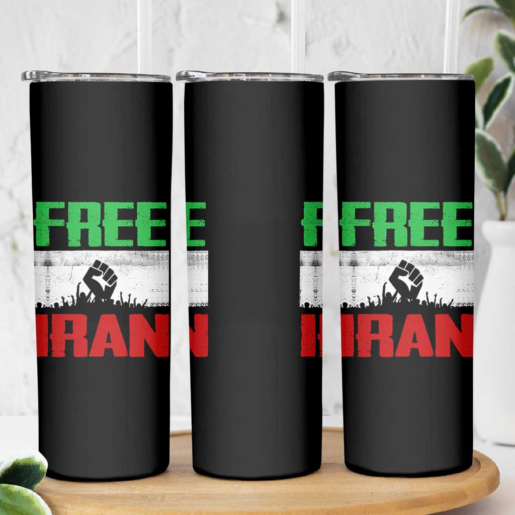 Free Iran Freedom Protest Skinny Tumbler Iranian Flag Raised Fist and Crowd Revolution