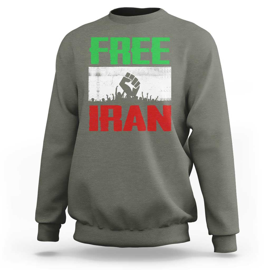 Free Iran Freedom Protest Sweatshirt Iranian Flag Raised Fist and Crowd Revolution
