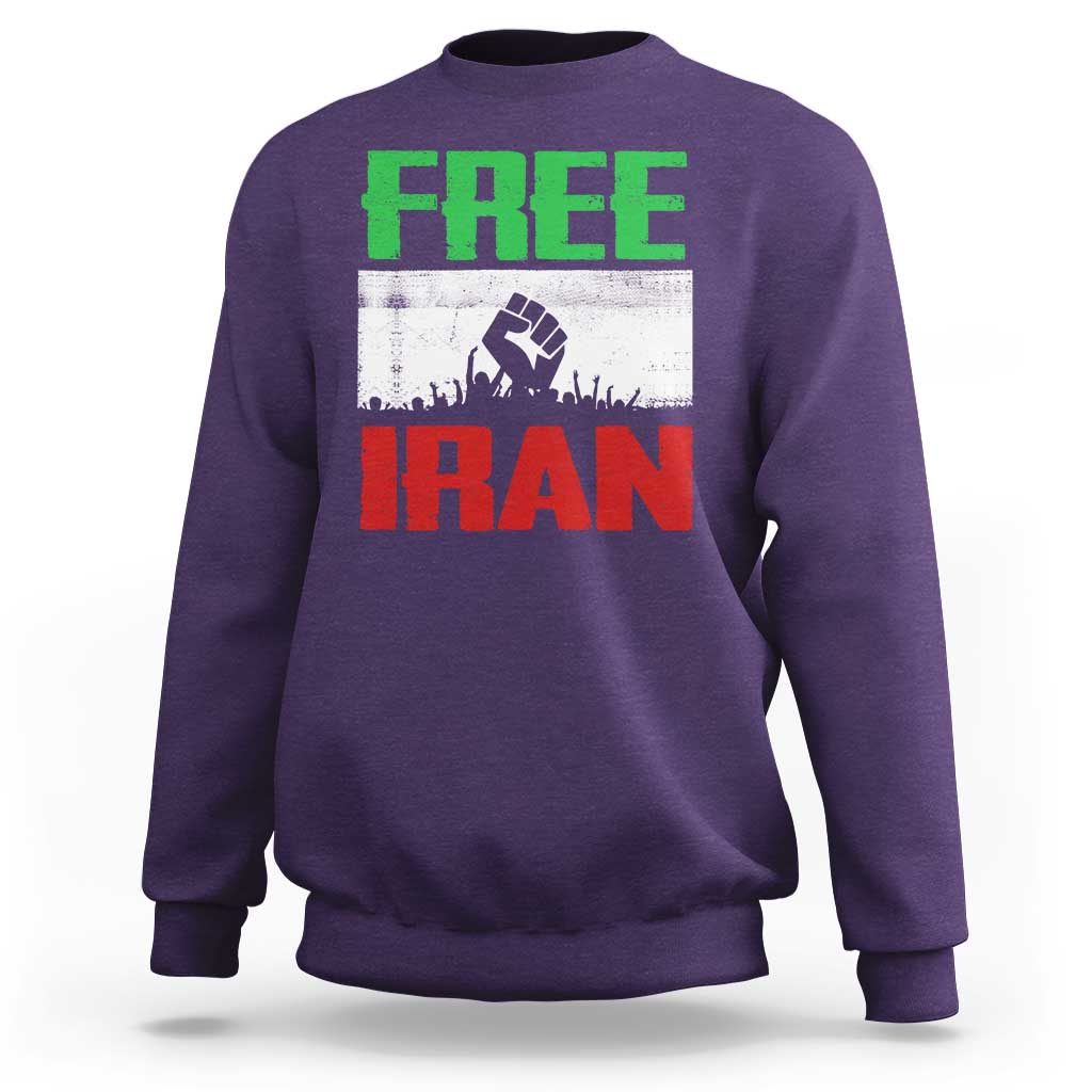 Free Iran Freedom Protest Sweatshirt Iranian Flag Raised Fist and Crowd Revolution