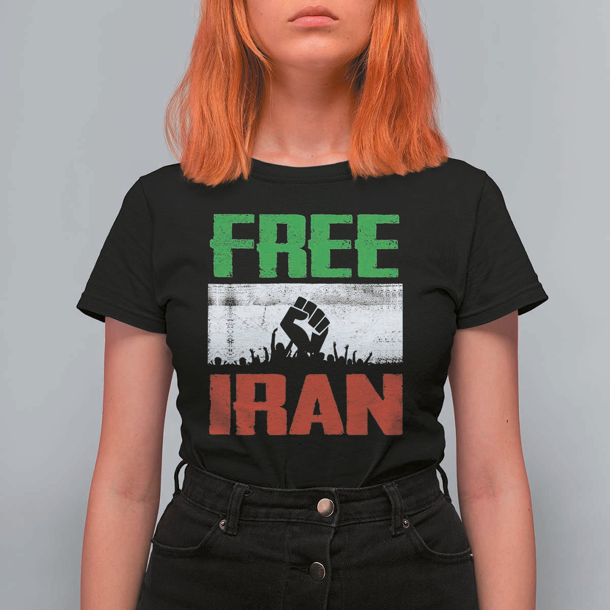 Free Iran Freedom Protest T Shirt For Women Iranian Flag Raised Fist and Crowd Revolution