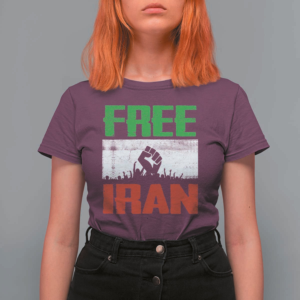 Free Iran Freedom Protest T Shirt For Women Iranian Flag Raised Fist and Crowd Revolution
