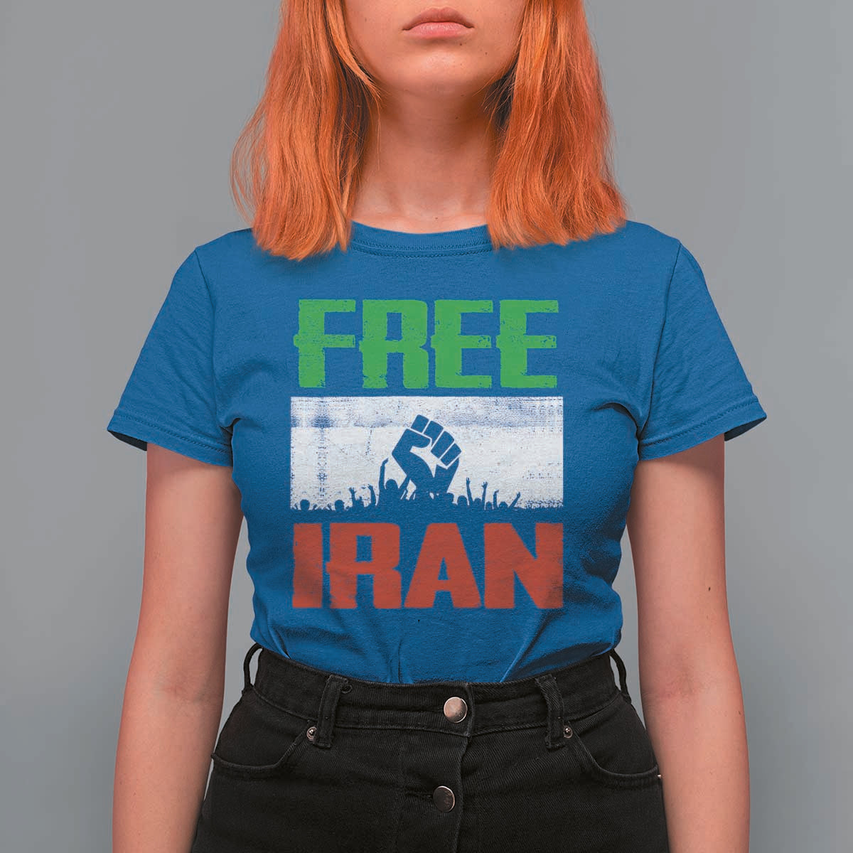 Free Iran Freedom Protest T Shirt For Women Iranian Flag Raised Fist and Crowd Revolution