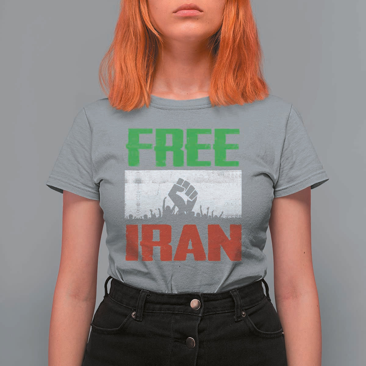 Free Iran Freedom Protest T Shirt For Women Iranian Flag Raised Fist and Crowd Revolution