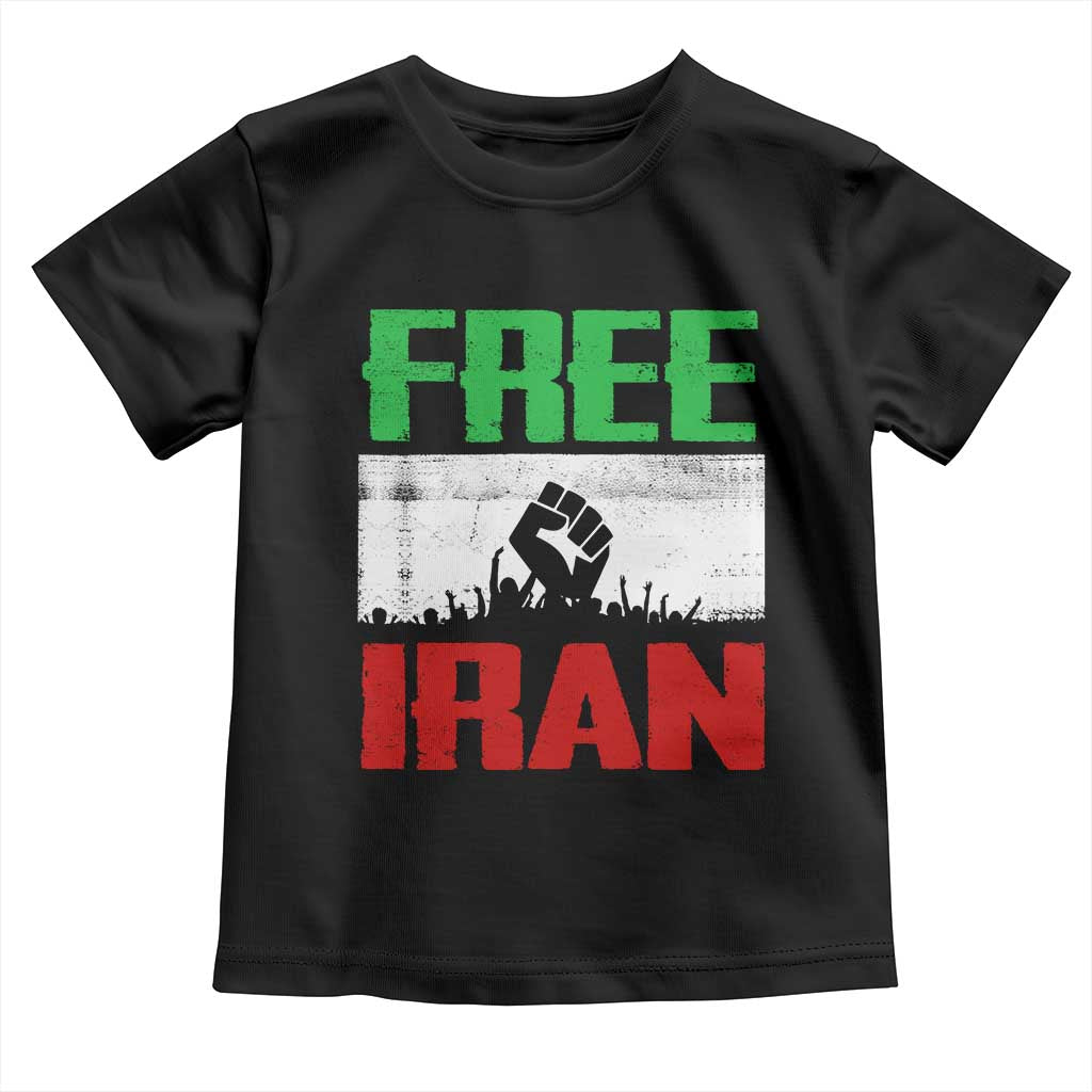 Free Iran Freedom Protest Toddler T Shirt Iranian Flag Raised Fist and Crowd Revolution