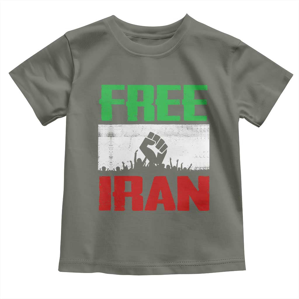 Free Iran Freedom Protest Toddler T Shirt Iranian Flag Raised Fist and Crowd Revolution