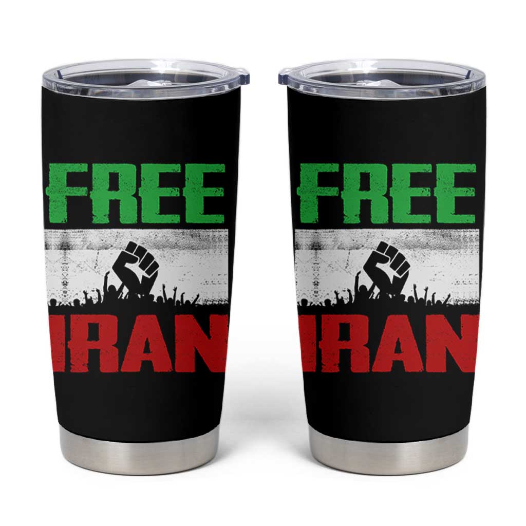 Free Iran Freedom Protest Tumbler Cup Iranian Flag Raised Fist and Crowd Revolution