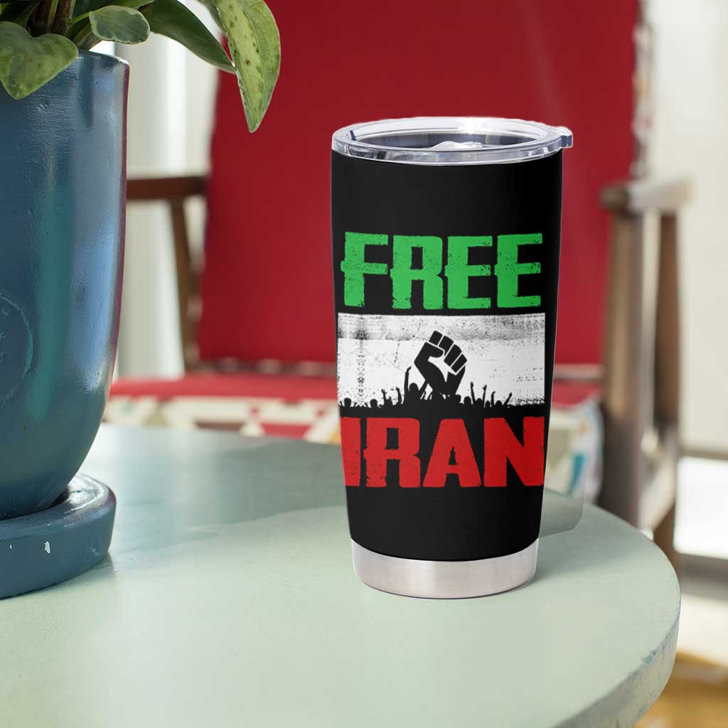 Free Iran Freedom Protest Tumbler Cup Iranian Flag Raised Fist and Crowd Revolution