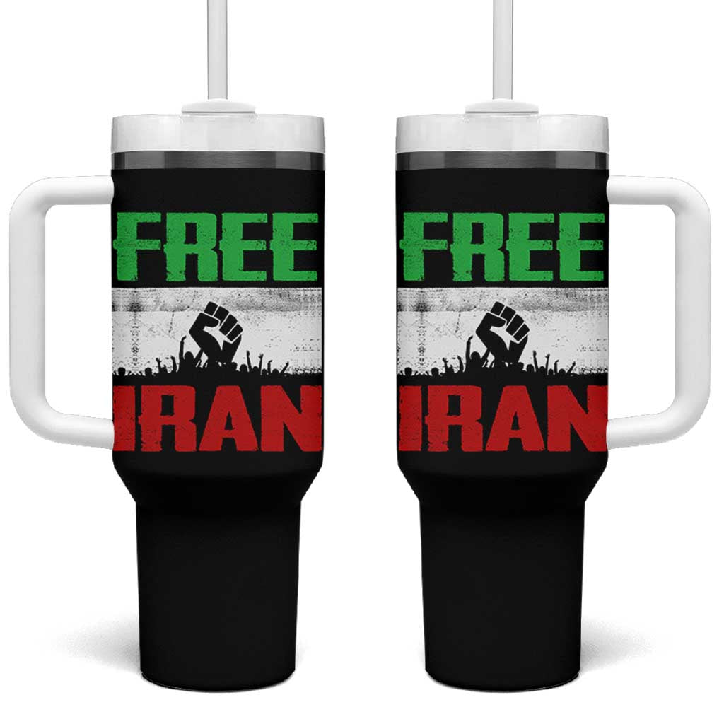 Free Iran Freedom Protest Tumbler With Handle Iranian Flag Raised Fist and Crowd Revolution