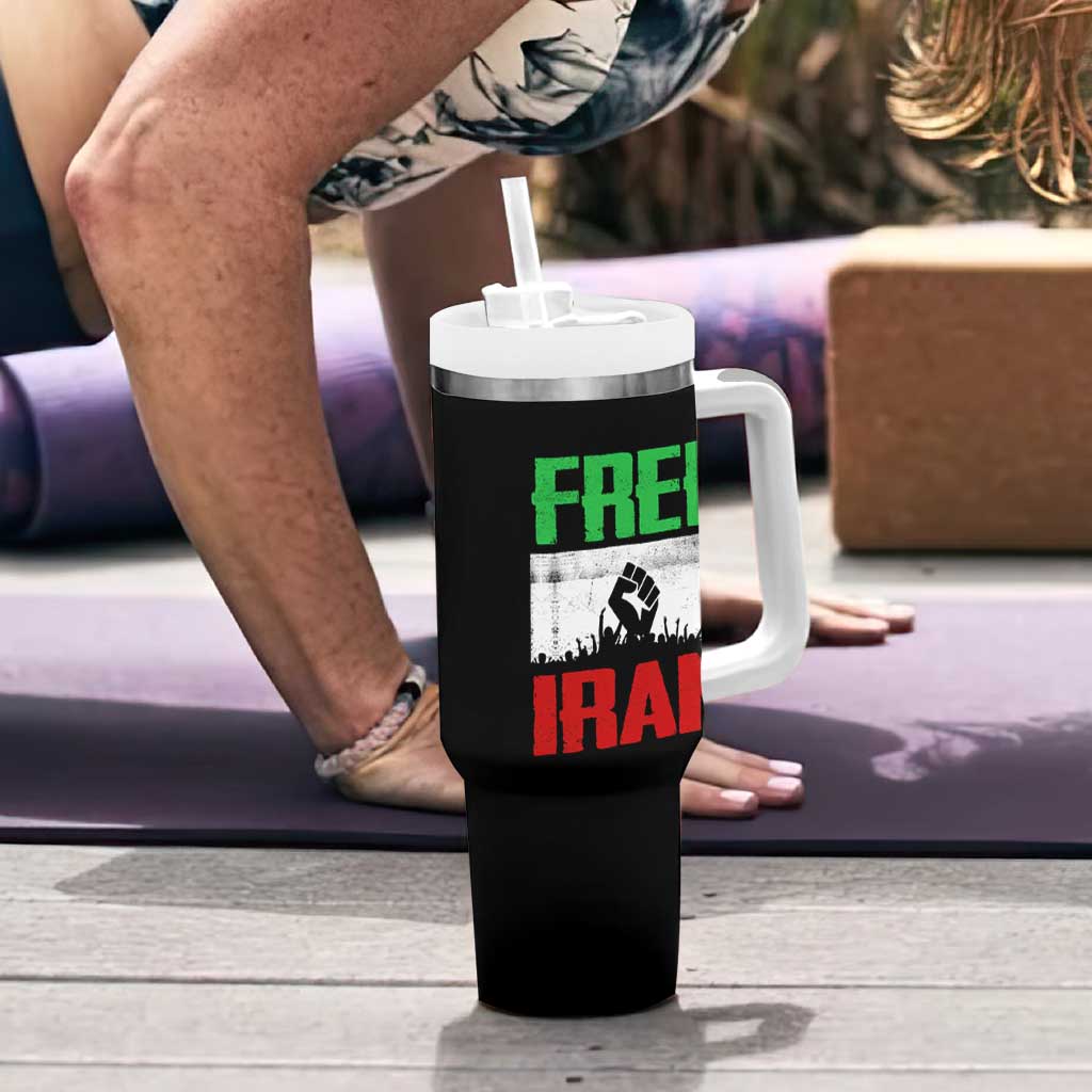 Free Iran Freedom Protest Tumbler With Handle Iranian Flag Raised Fist and Crowd Revolution