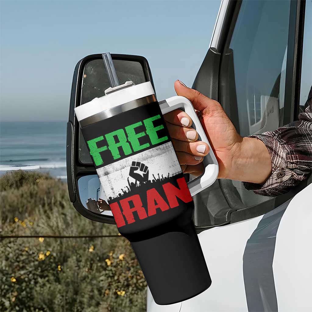 Free Iran Freedom Protest Tumbler With Handle Iranian Flag Raised Fist and Crowd Revolution